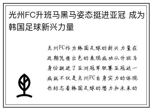 光州FC升班马黑马姿态挺进亚冠 成为韩国足球新兴力量